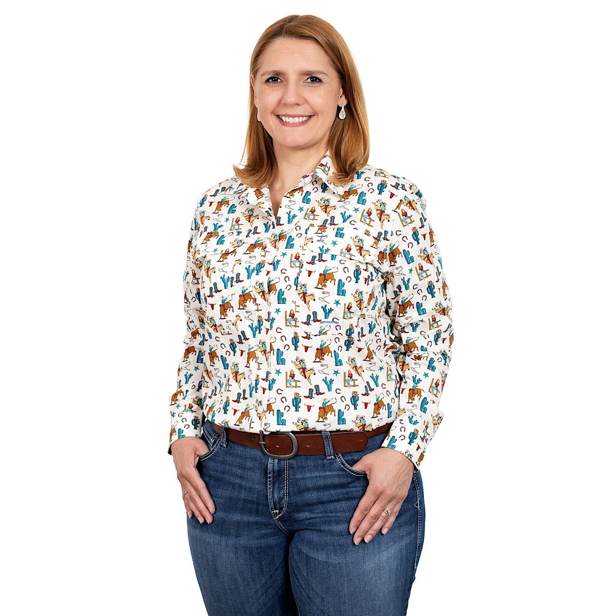 Just Country Womens Abbey Full Button Print Work Shirt Cream Rodeo Girl