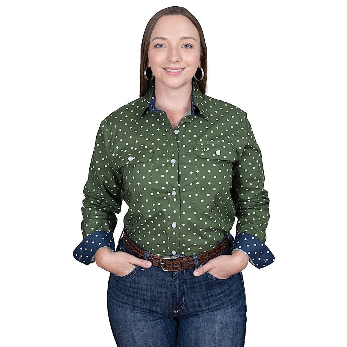 Just Country Women’s Abbey Full Button Work Shirt - Cedar Green Dots/Navy Dots