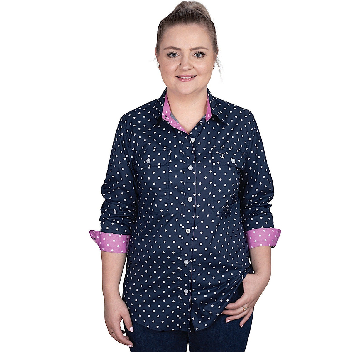 Just Country Women’s Abbey Full Button Work Shirt - Navy Dots/Radiant Orchid Dots