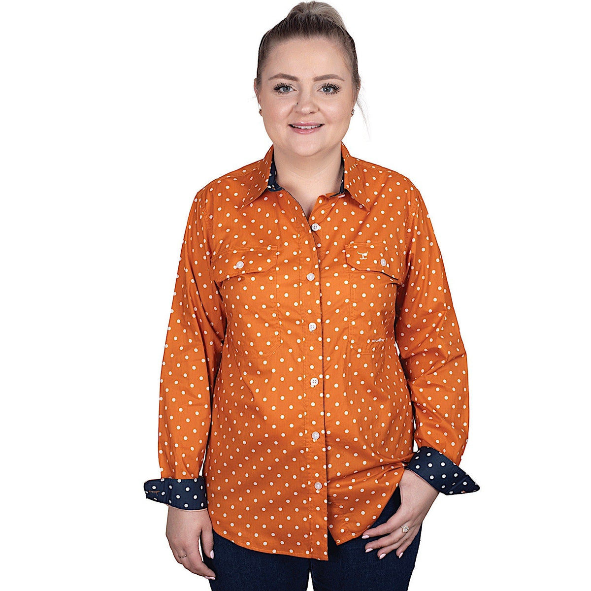 Just Country Women’s Abbey Full Button Work Shirt - Pumpkin Spice Dots/Navy Dots
