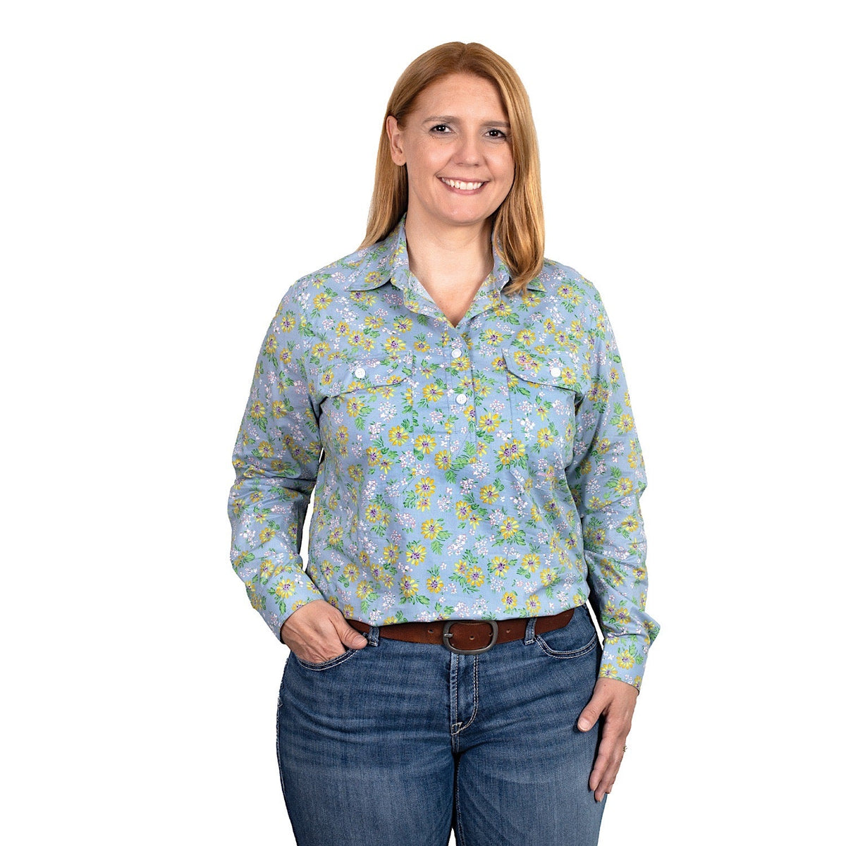 Just Country Womens Georgie Half Button Print Work Shirt Cornflowers Asters