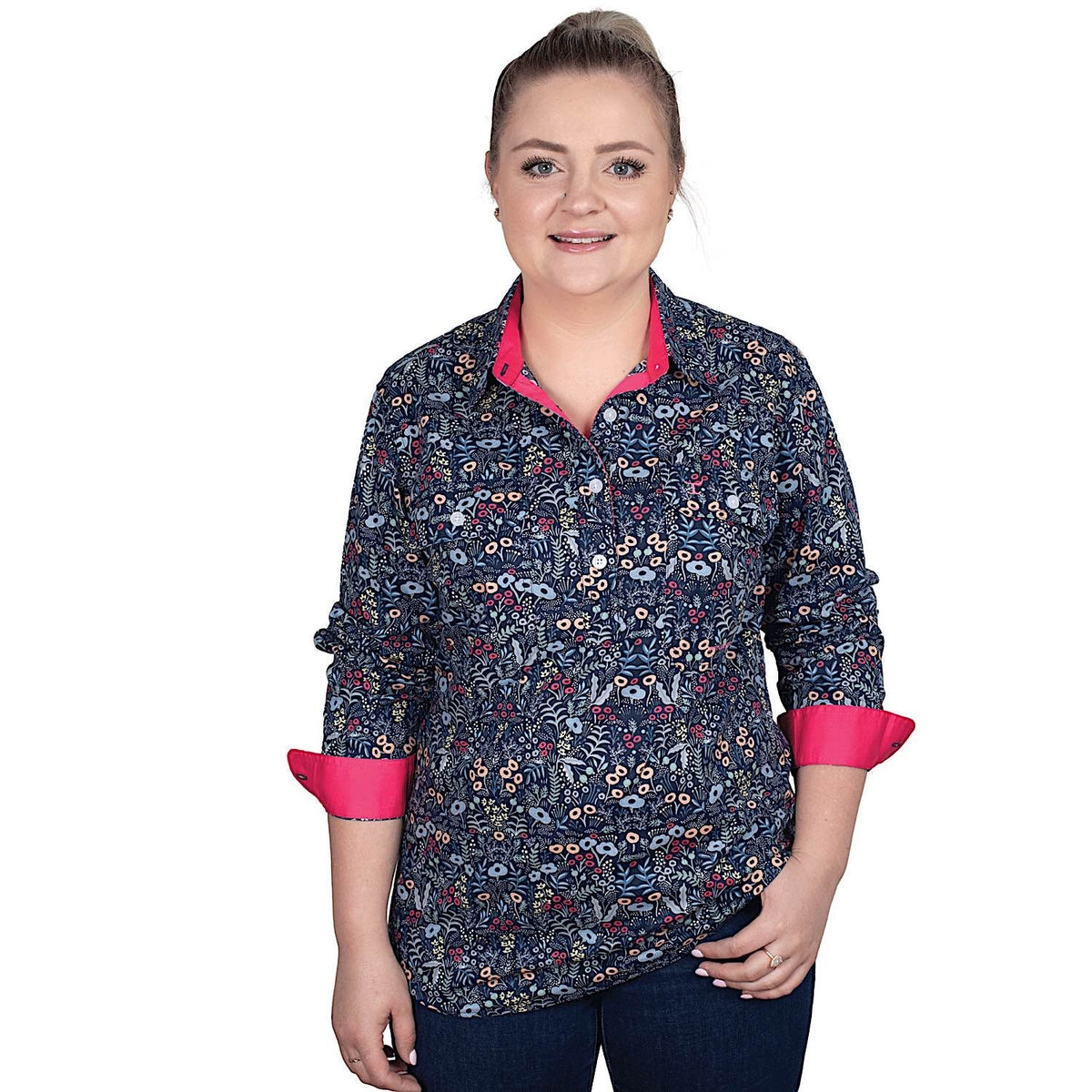 Just Country Women’s Georgie Half Button Print Work Shirt - Navy Meadow Flowers/Hot Pink