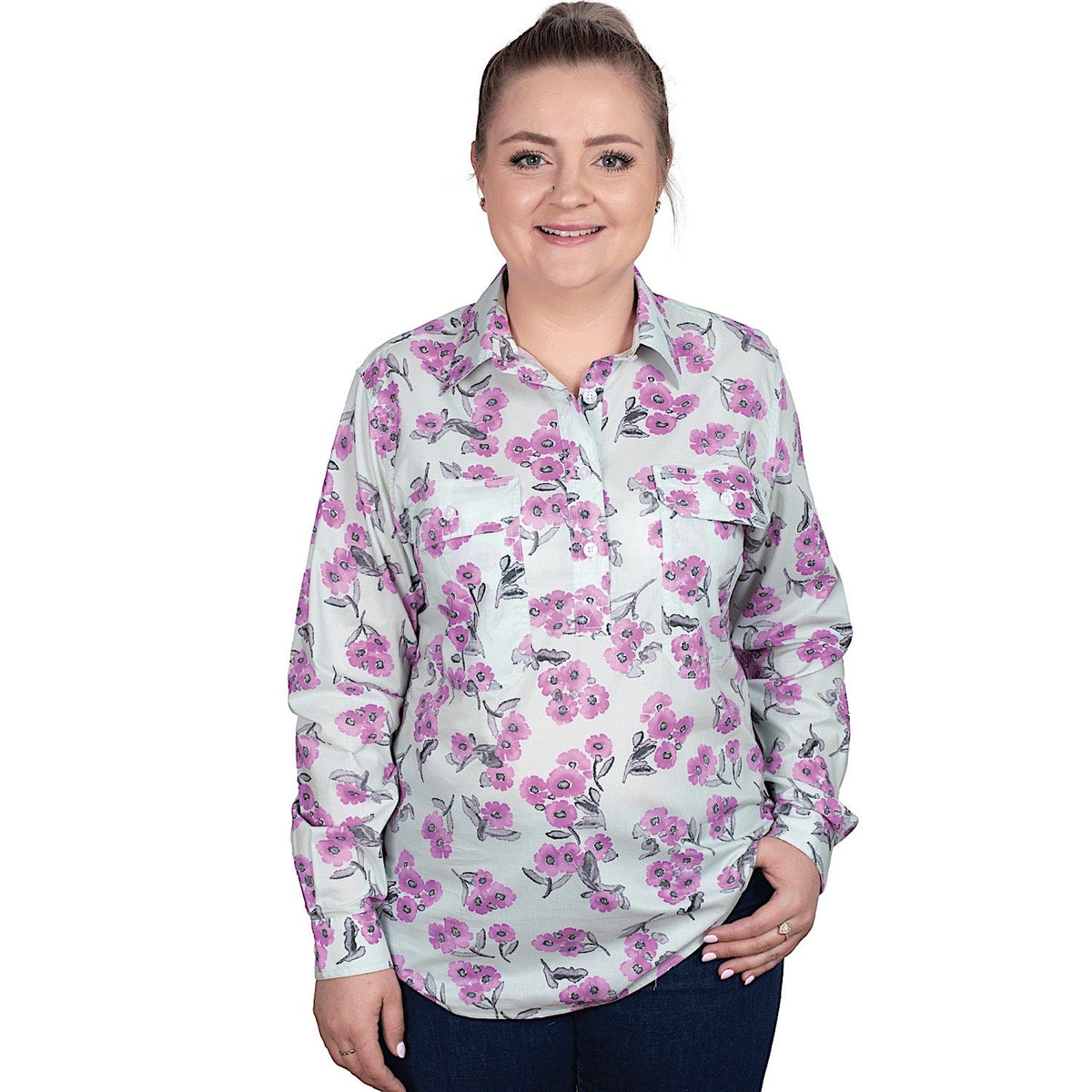 Just Country Women’s Georgie Half Button Work Shirt - Sea Mist Watercolour Blooms