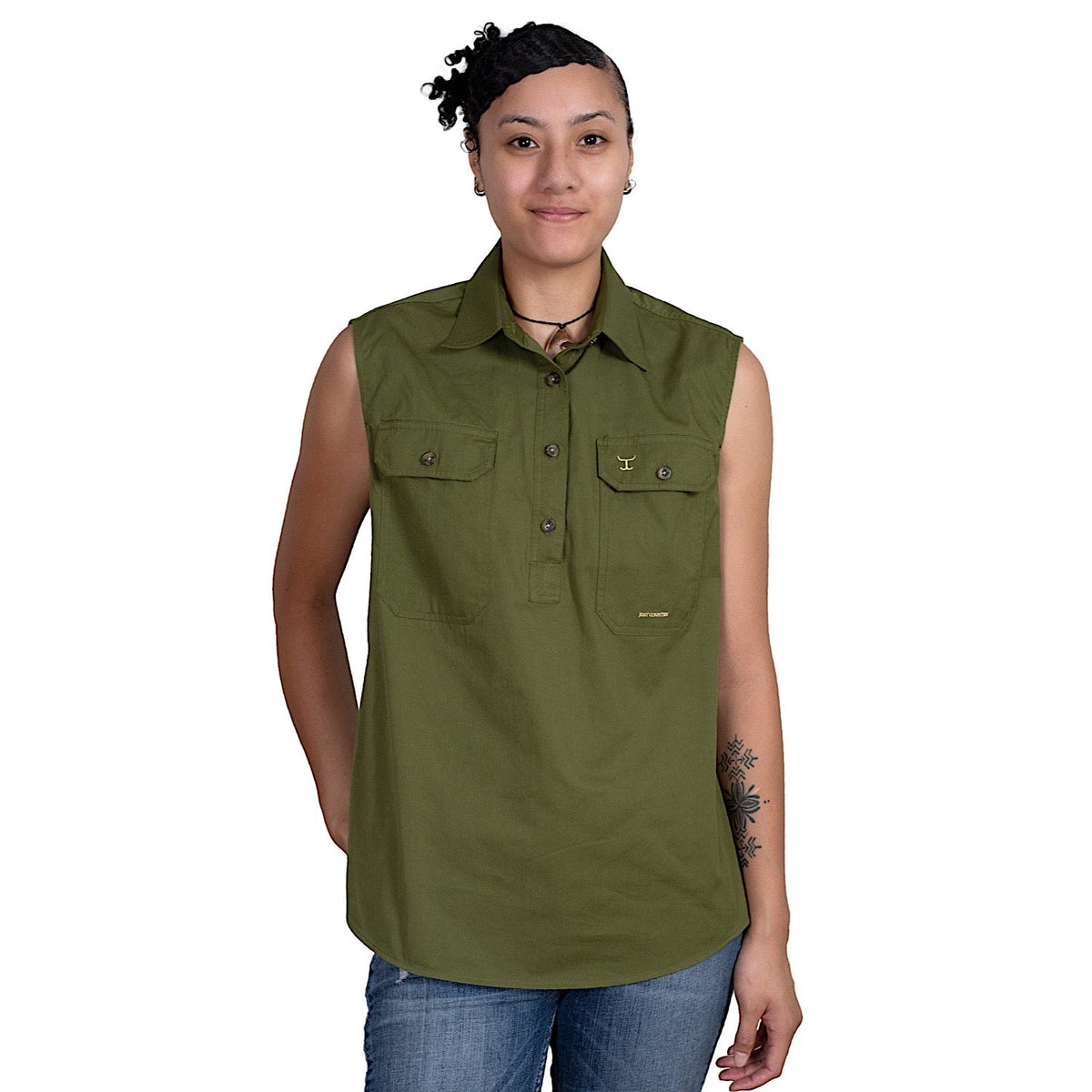 Just Country Women’s Kerry Sleeveless Half Button Work Shirt - Olive