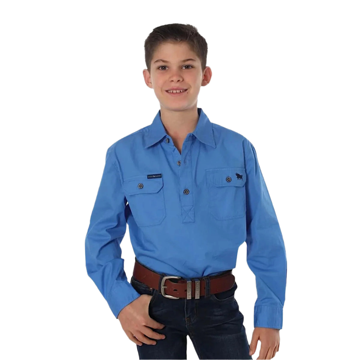 Ringers Western Kid’s Ord River Half Button Work Shirt - Blue