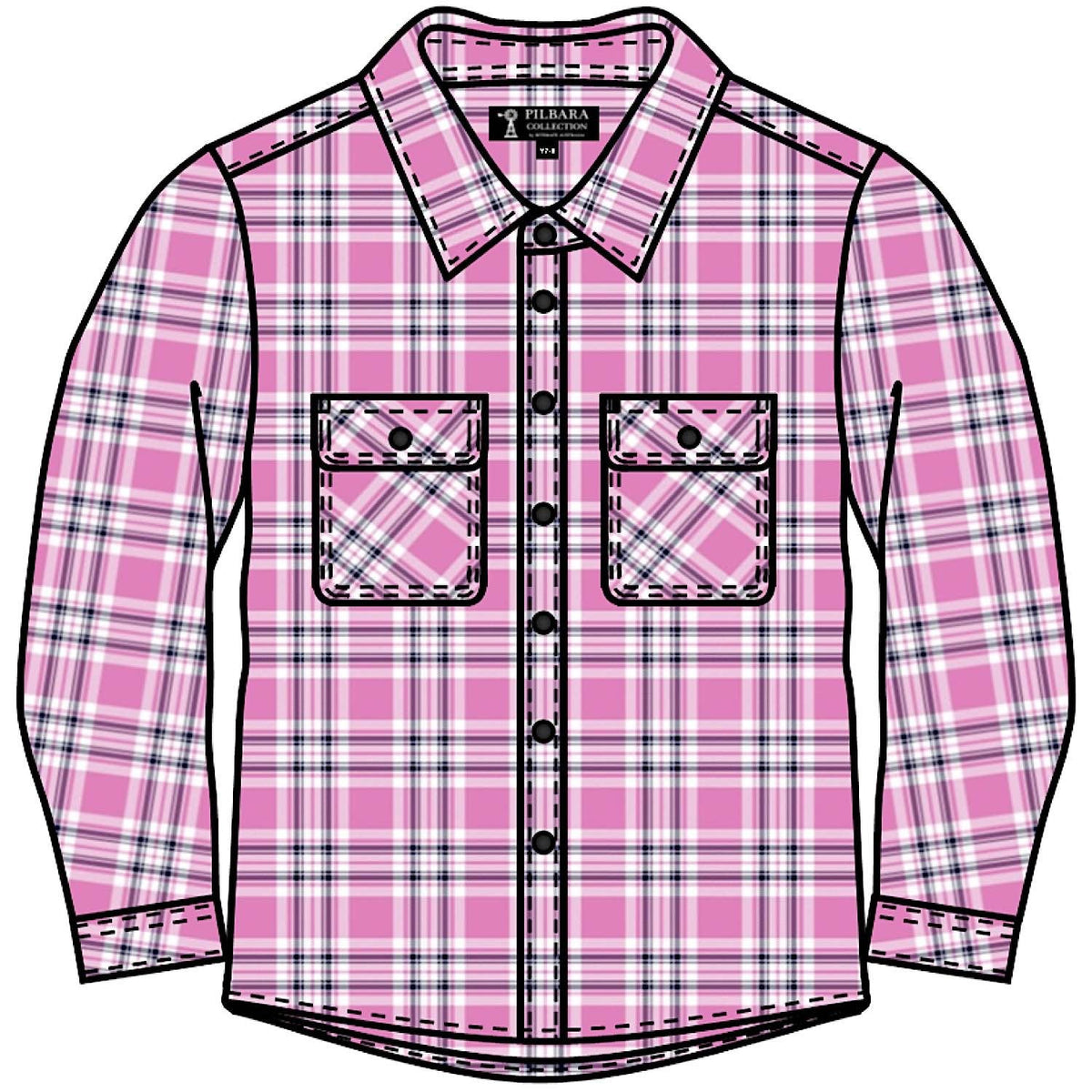 Pilbara Kid’s Open Front Flannelette Shirt - Pink / Navy / White