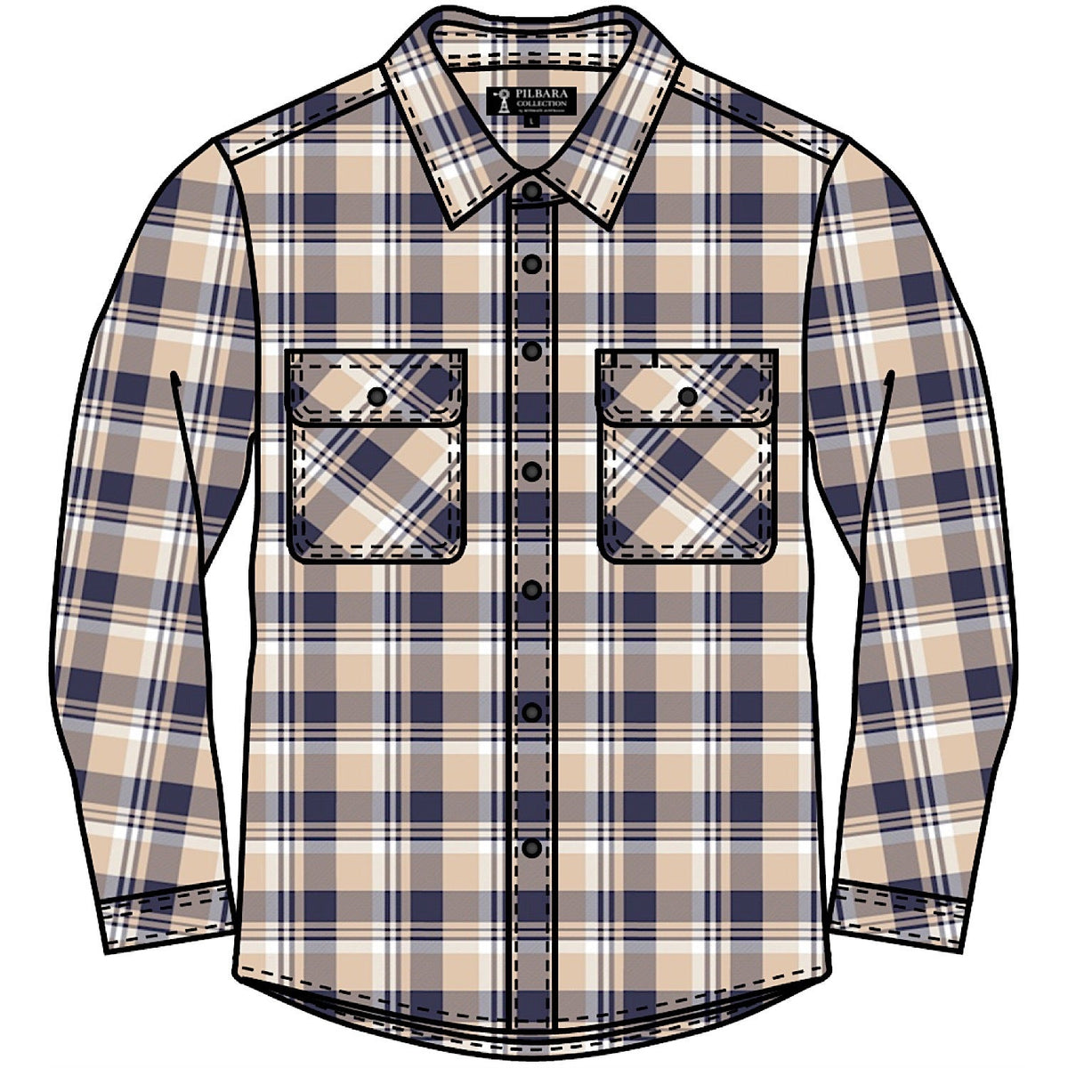 Pilbara Mens Open Front Flannelette Shirt - Navy/Beige/White