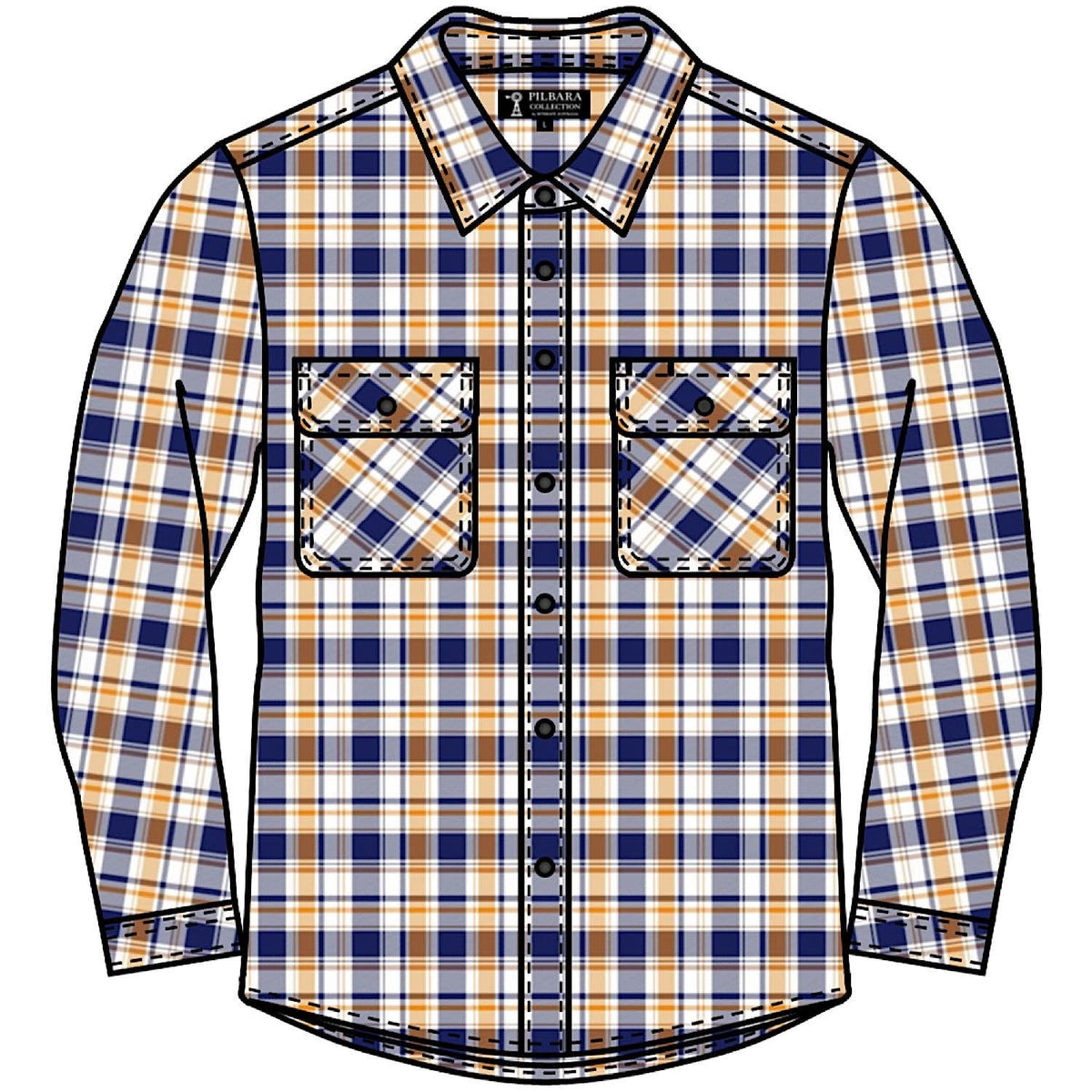 Pilbara Mens Open Front Flannelette Shirt - Navy/Yellow/White