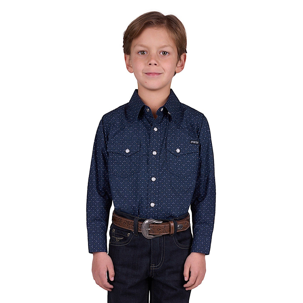 Pure Western Boy’s Ross Print Western Shirt - Navy