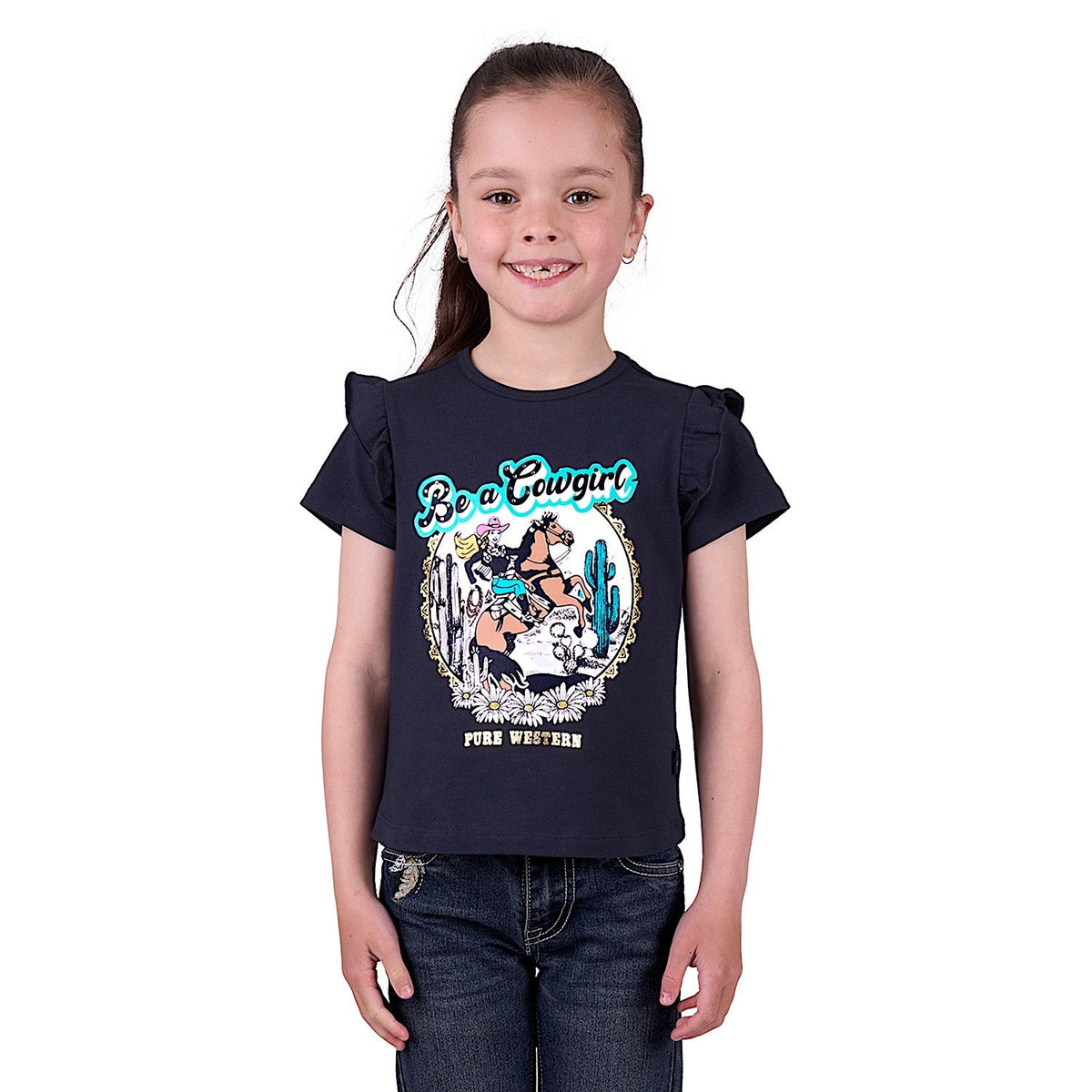 Pure Western Girl’s Milla Frill Short Sleeve Tee - Navy