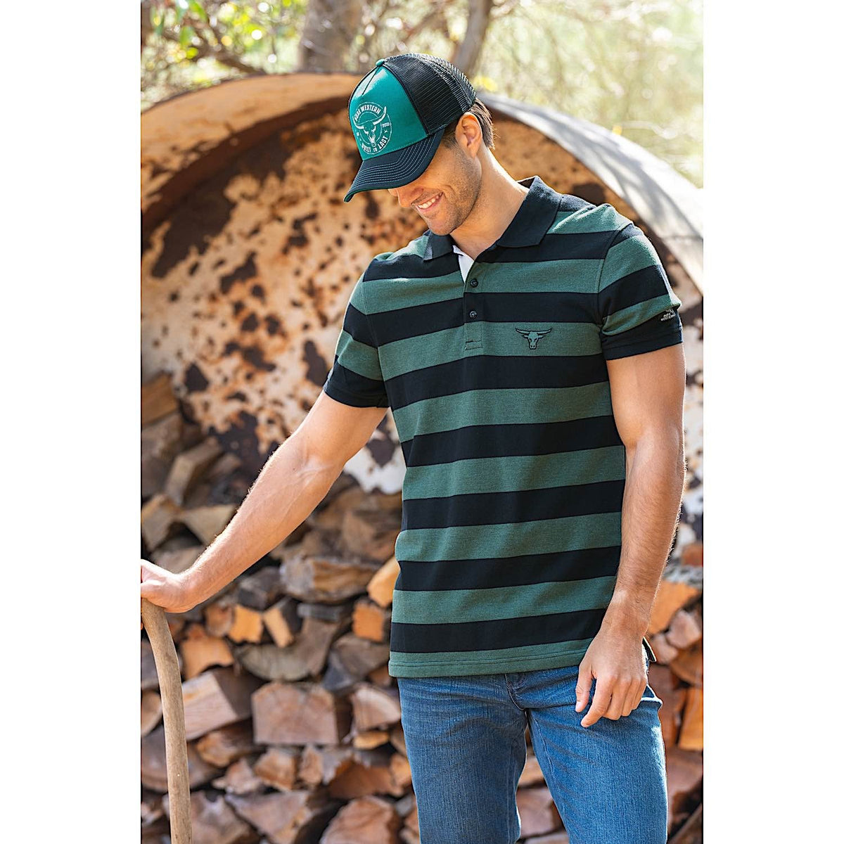 Pure Western Mens Allington Polo-Black/Green Marle
