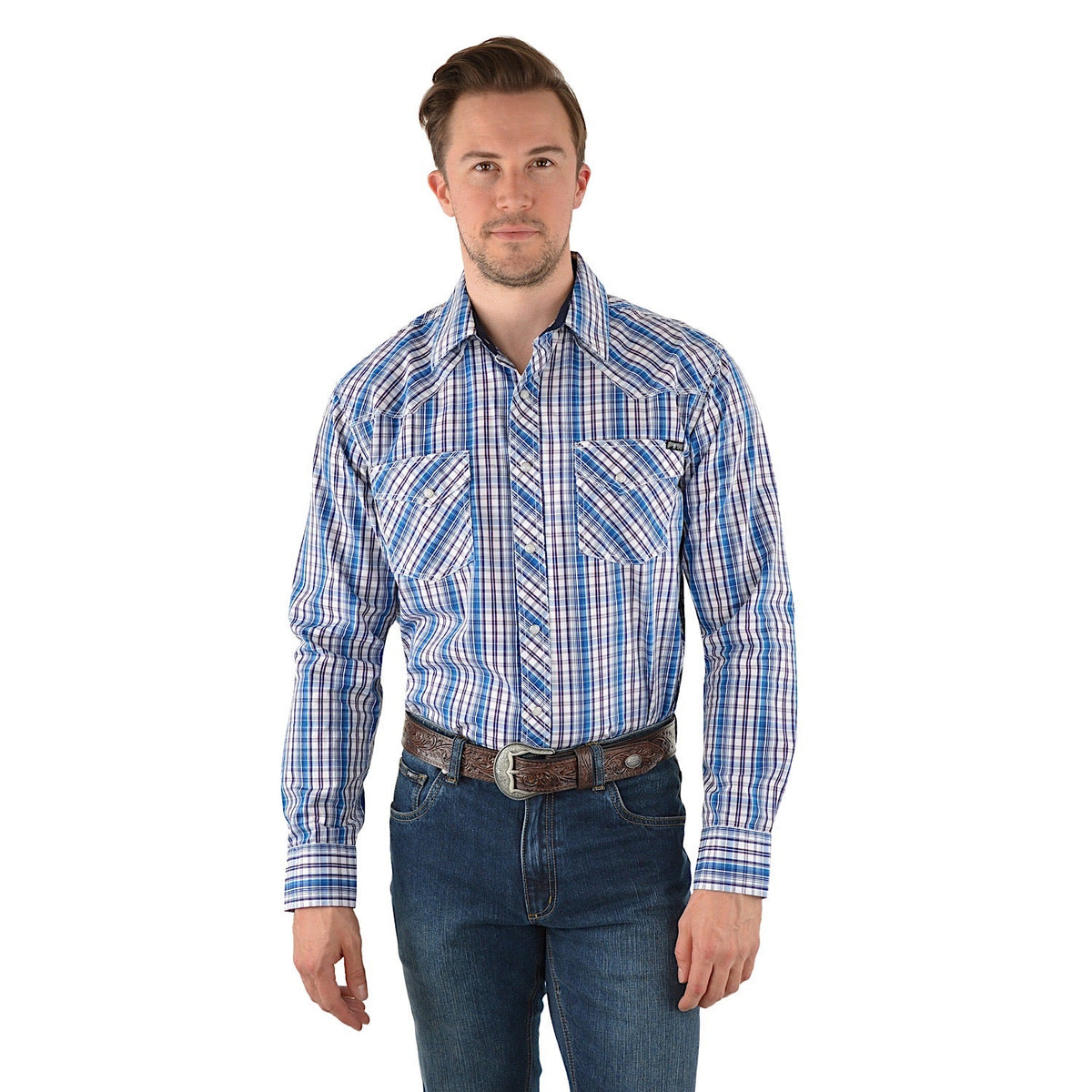 Pure Western Men’s Bolt Check Western Long Sleeve Shirt-Navy/Blue