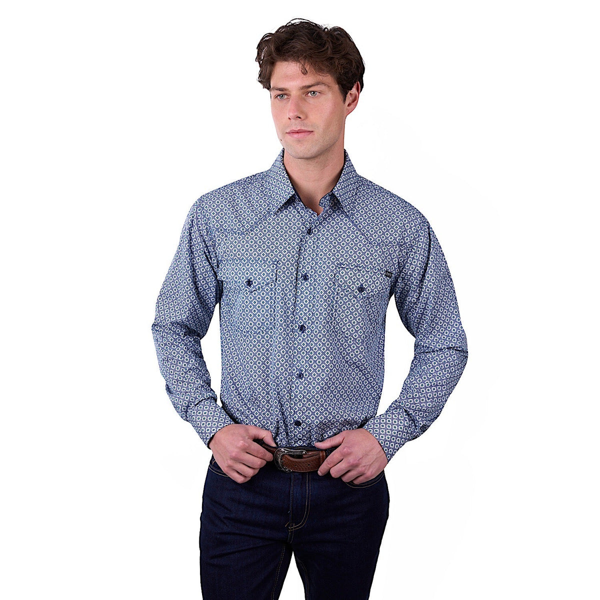 Pure Western Men’s Mark Print Western Button Down Shirt - Navy/Teal