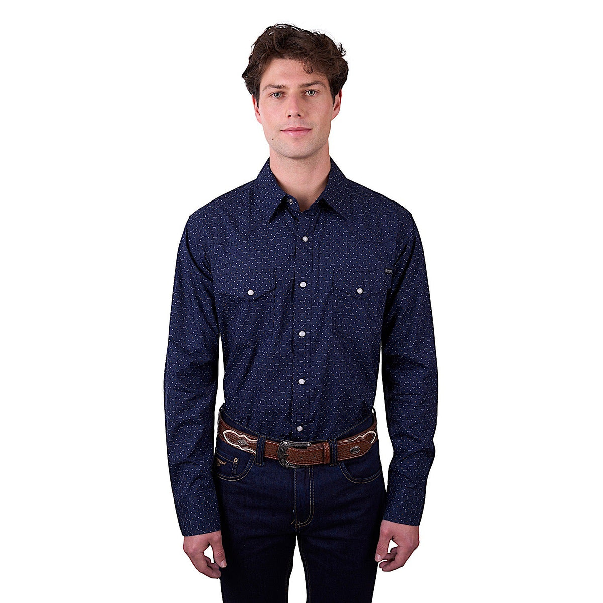 Pure Western Men’s Ross Print Western Shirt - Navy