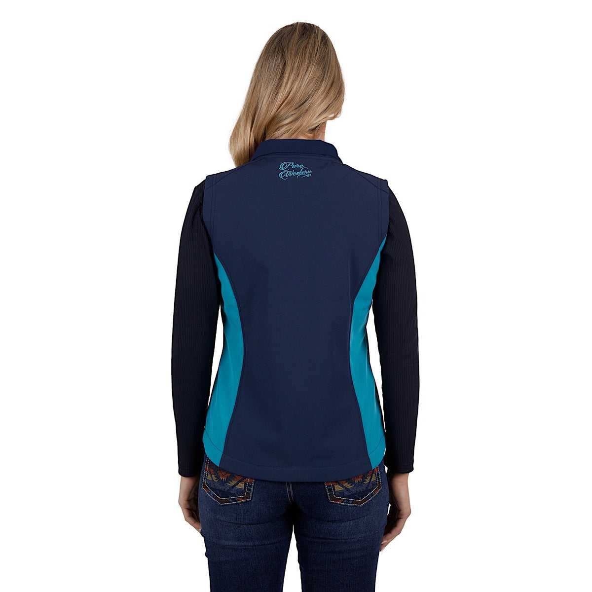 Pure Western Womens Tracy Soft Shell Vest Navy/Aqua