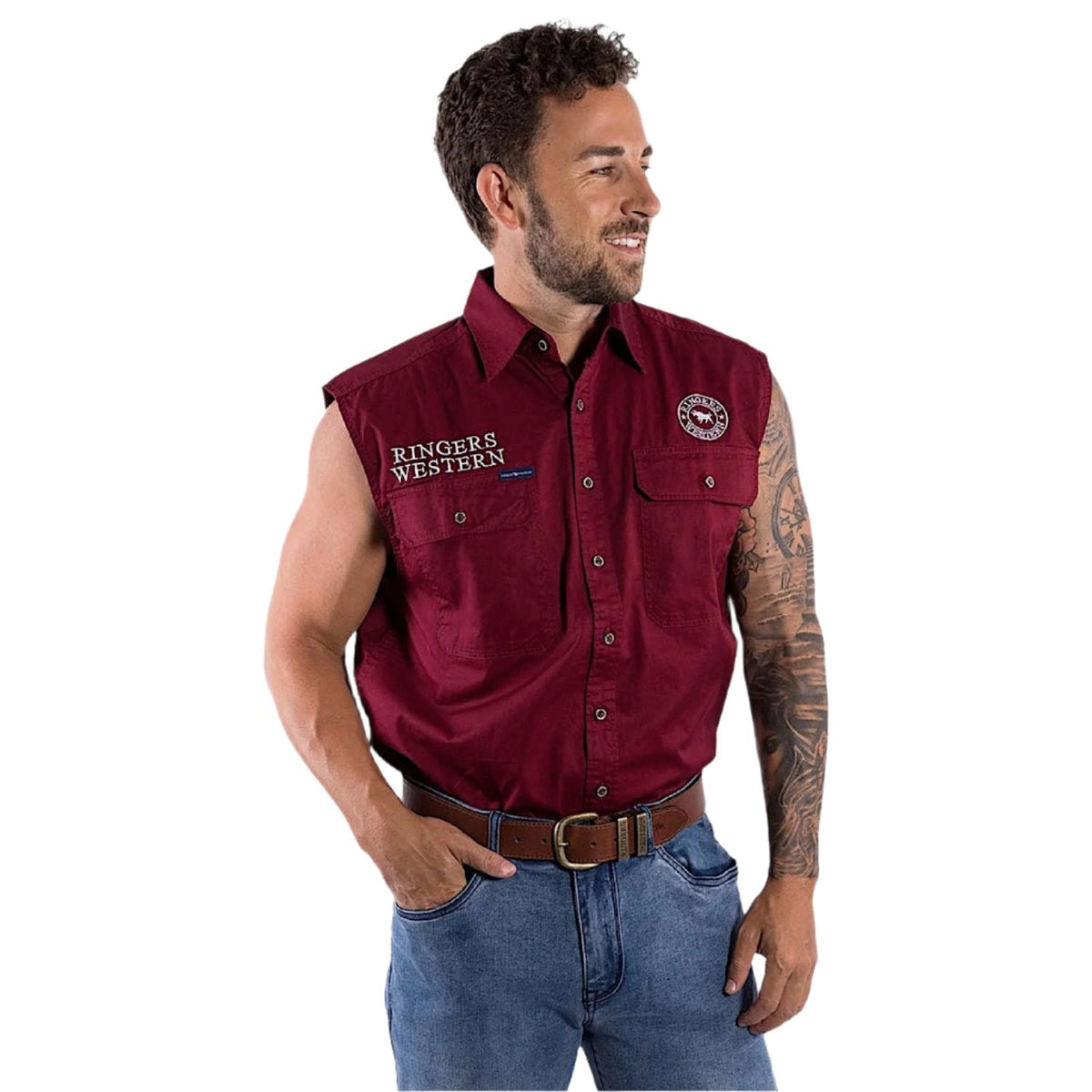 Ringers Western Hawkeye Men’s Sleeveless Work Shirt - Burgundy/White