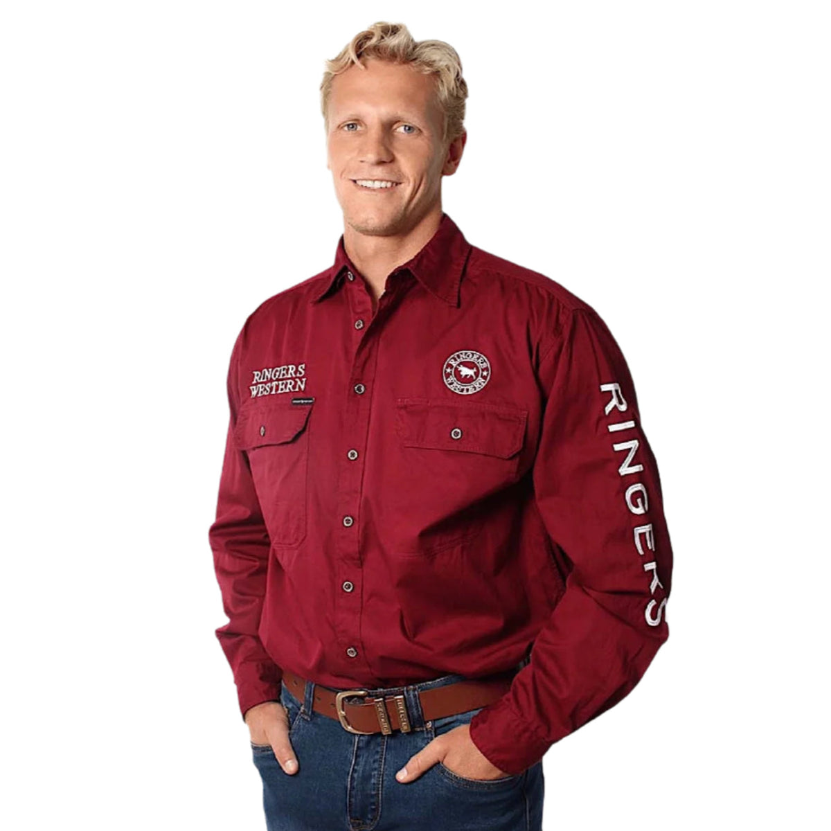 Ringers Western Men’s Hawkeye Full Button Work Shirt - Burgundy