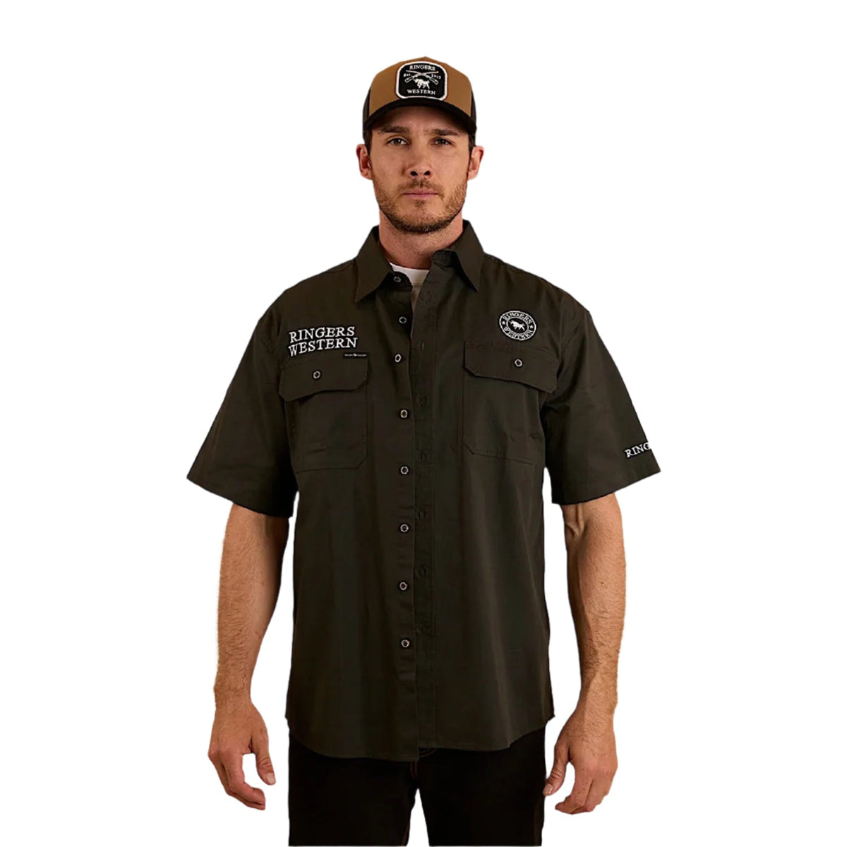 Ringers Western Men’s Hawkeye Full Button Work Shirt Short Sleeve - Charcoal/White