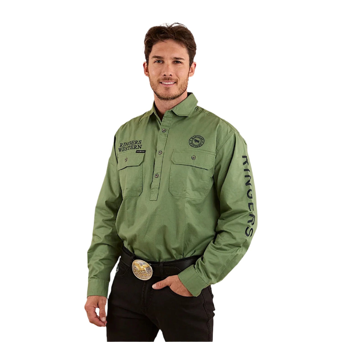 Ringers Western Men’s Hawkeye Half Button Work Shirt - Cactus / Charcoal
