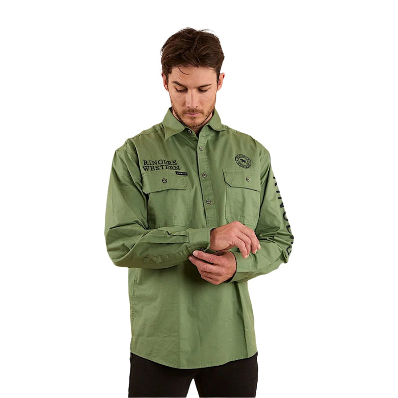 Ringers Western Men’s Hawkeye Half Button Work Shirt - Cactus / Charcoal
