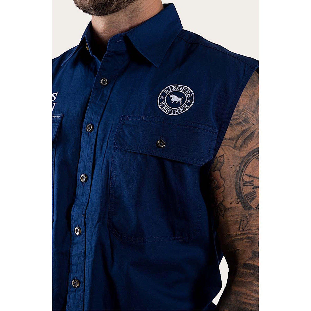 Ringers Western Men’s Hawkeye Sleeveless Work Shirt - Navy/White