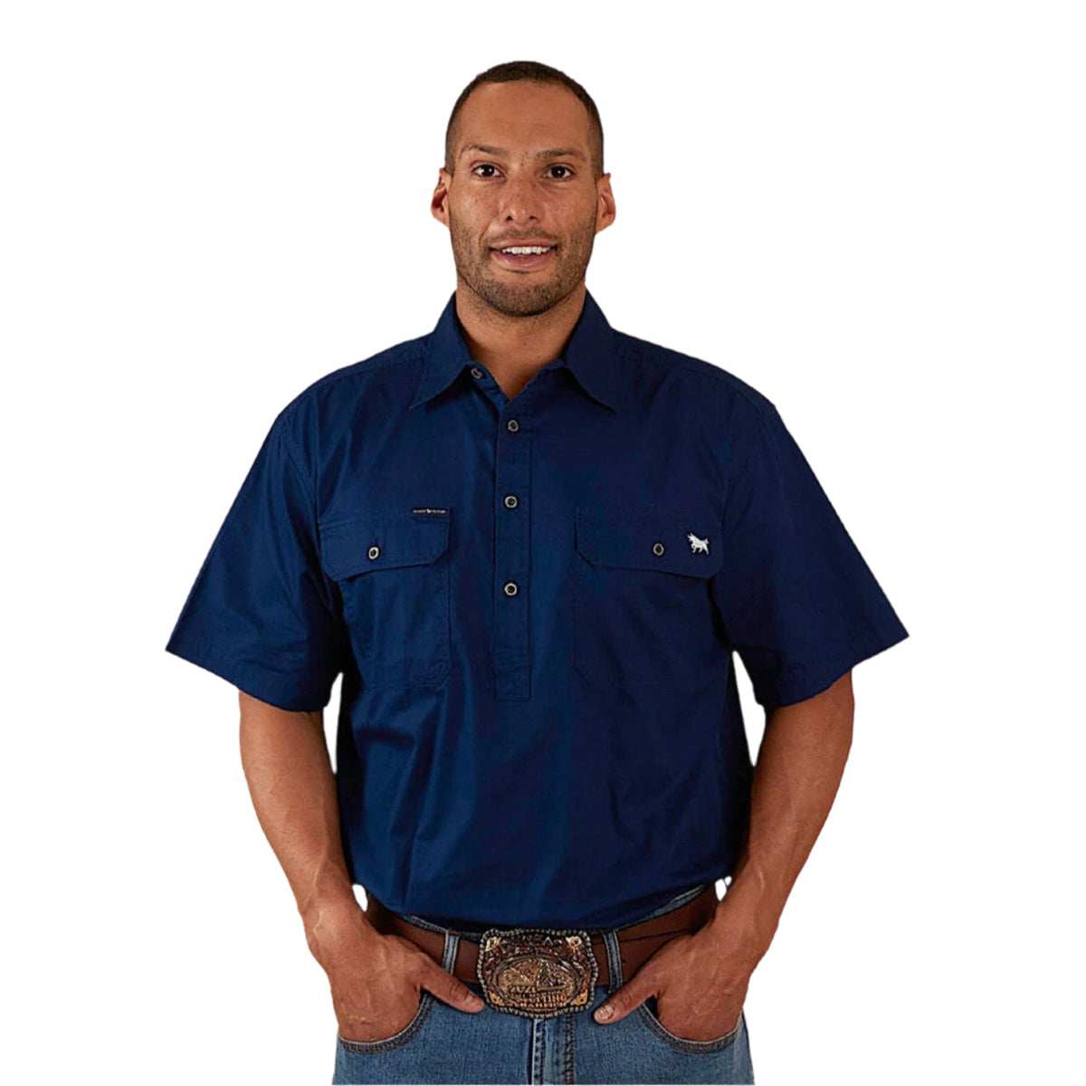 Ringers Western Men’s Pack Saddle Short Sleeve Half Button Work Shirt - Navy