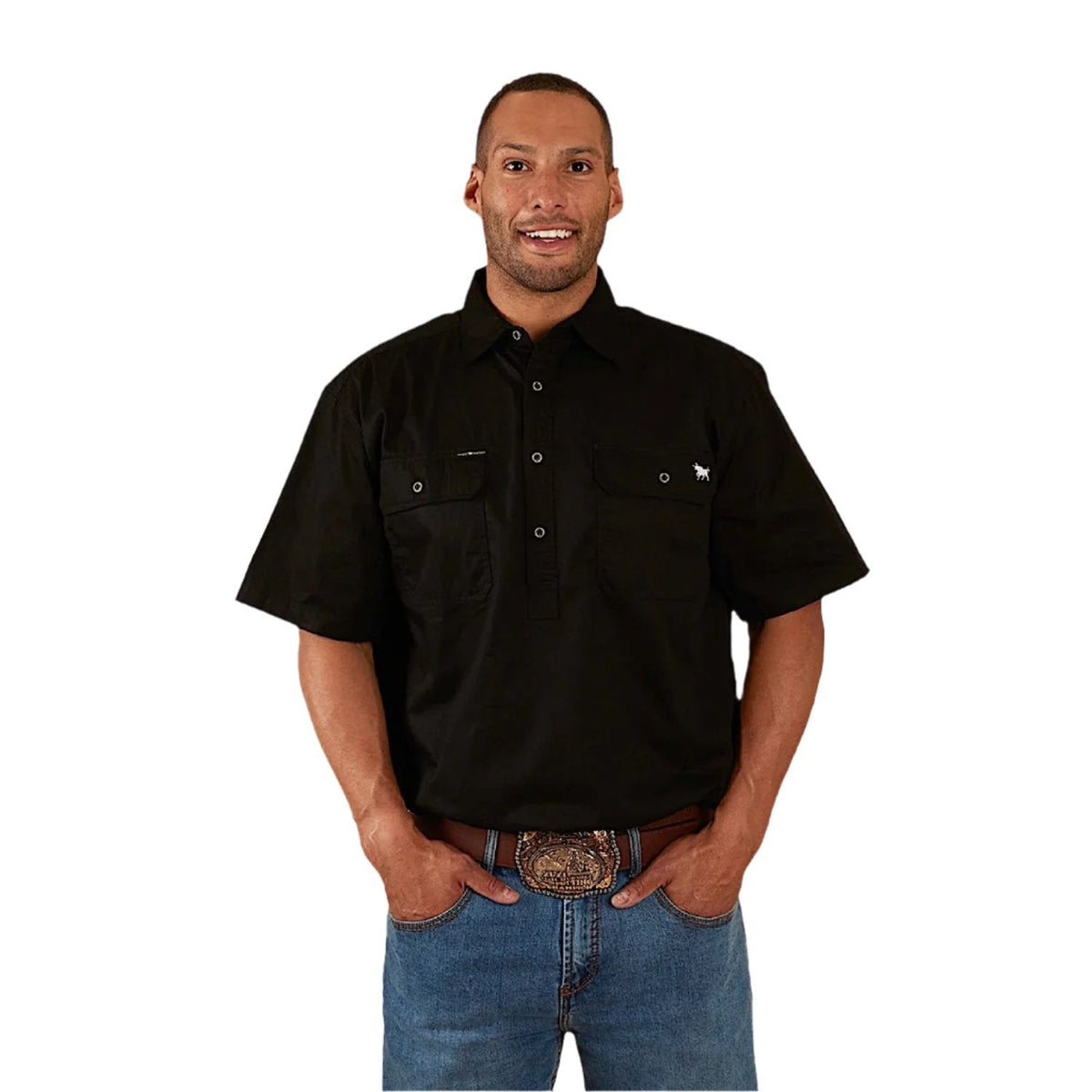 Ringers Western Men’s Pack Saddle Short Sleeve Half Button Work Shirt - Black