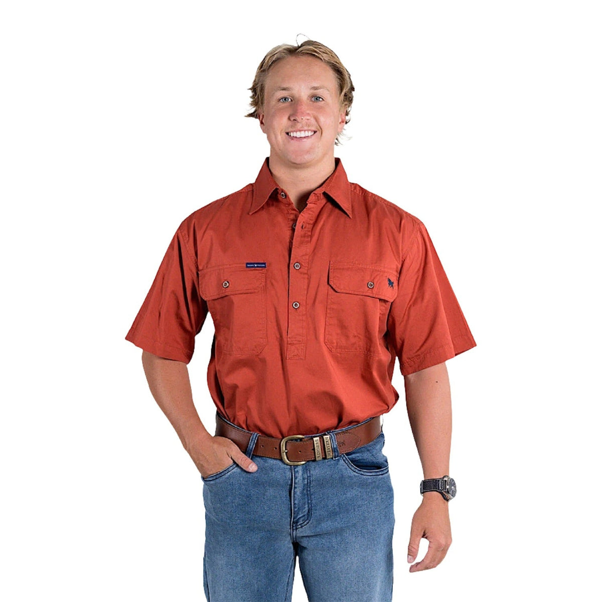 Ringers Western Pack Saddle Men’s Short Sleeve Half Button Work Shirt - Terracotta