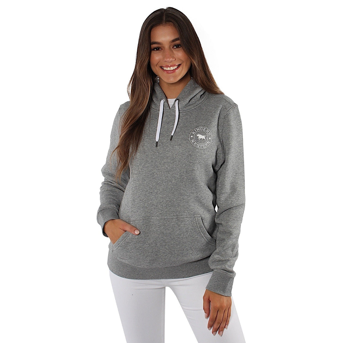 Ringers Western Signature Bull Women’s Pullover Hoodie - Grey Marle with White Print