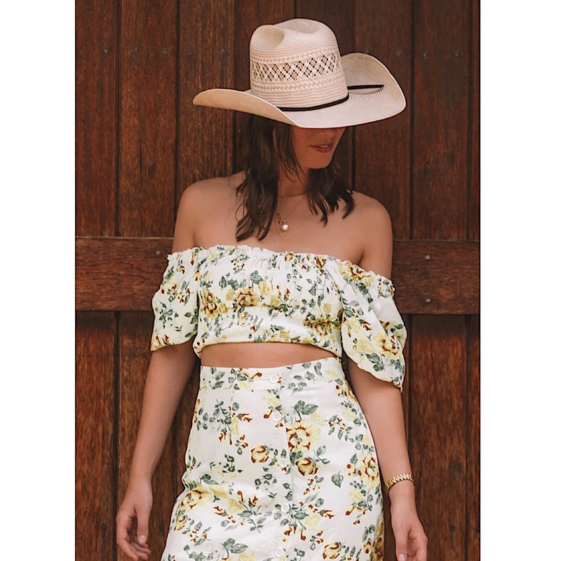 Ringers Western Women’s Rosabel Shirred Top - White Yellow Roses