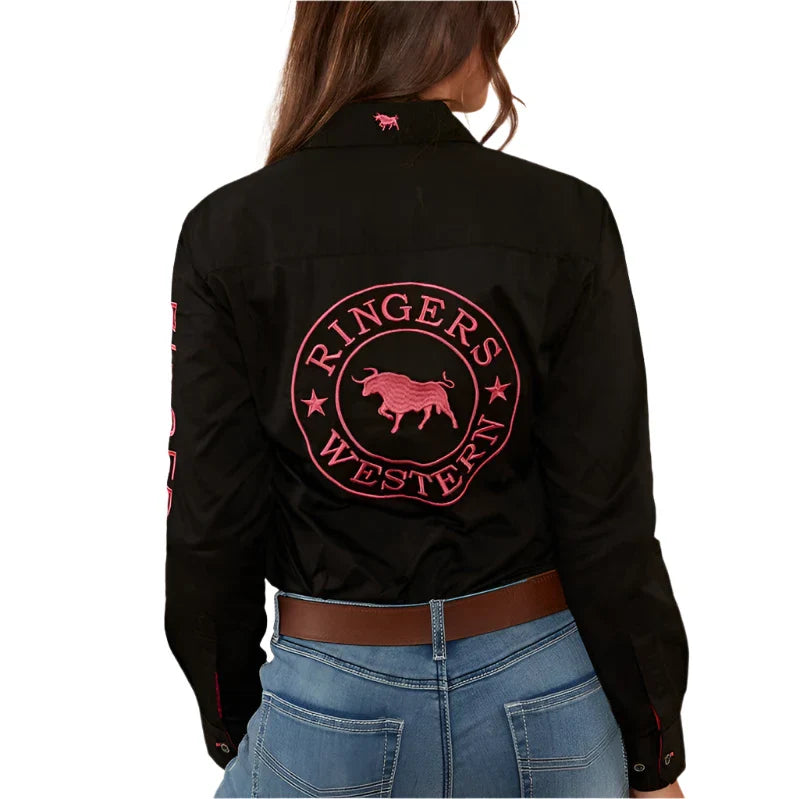 Ringers Western Women’s Signature Jillaroo Full Button Work Shirt - Black/Melon