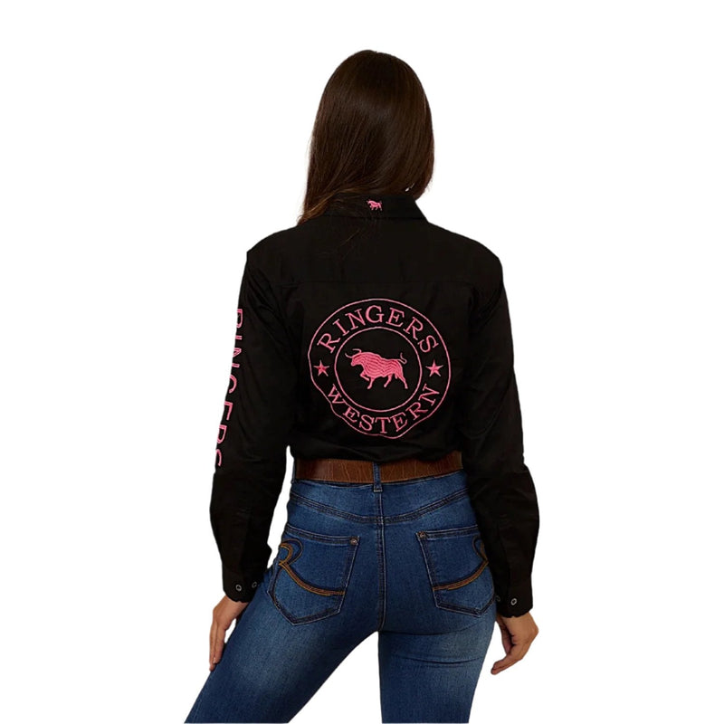Ringers Western Women’s Signature Jillaroo Half Button Work Shirt - Black/Melon