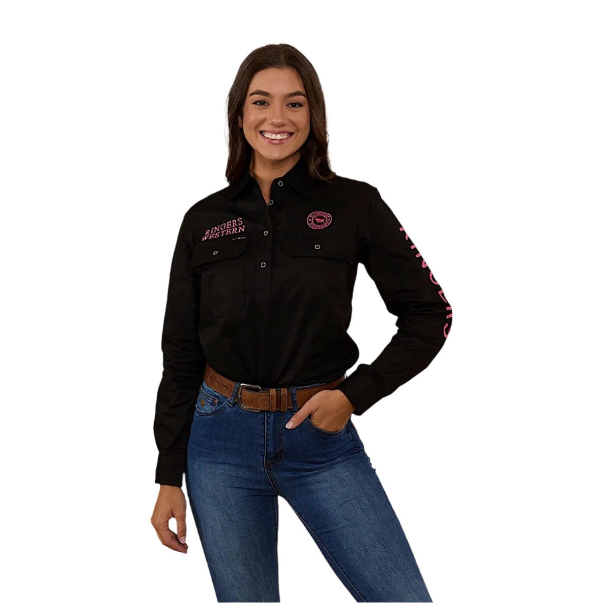 Ringers Western Women’s Signature Jillaroo Half Button Work Shirt - Black/Melon