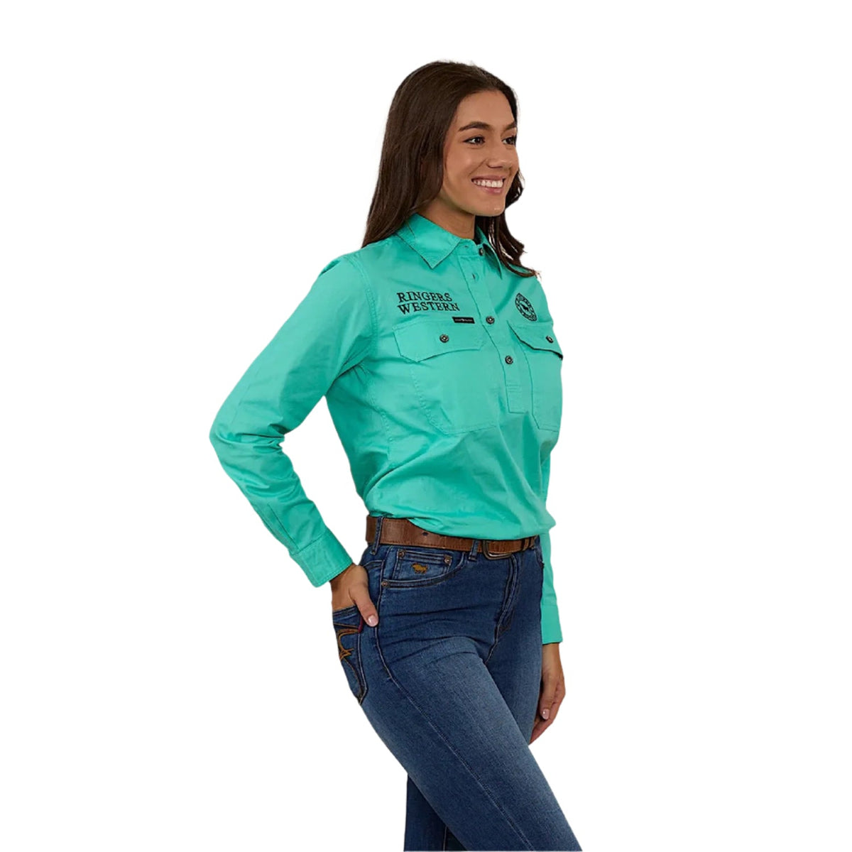 Ringers Western Women’s Signature Jillaroo Half Button Work Shirt - Mint/Navy