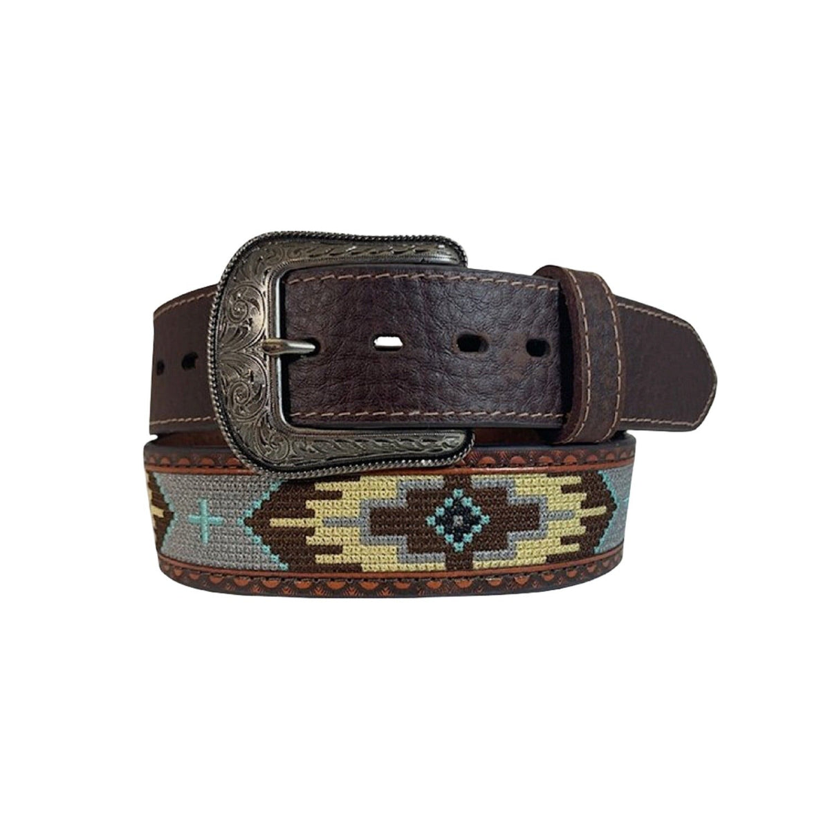 Roper Belt 1.5’’ Aztec Design Genuine Leather Brown
