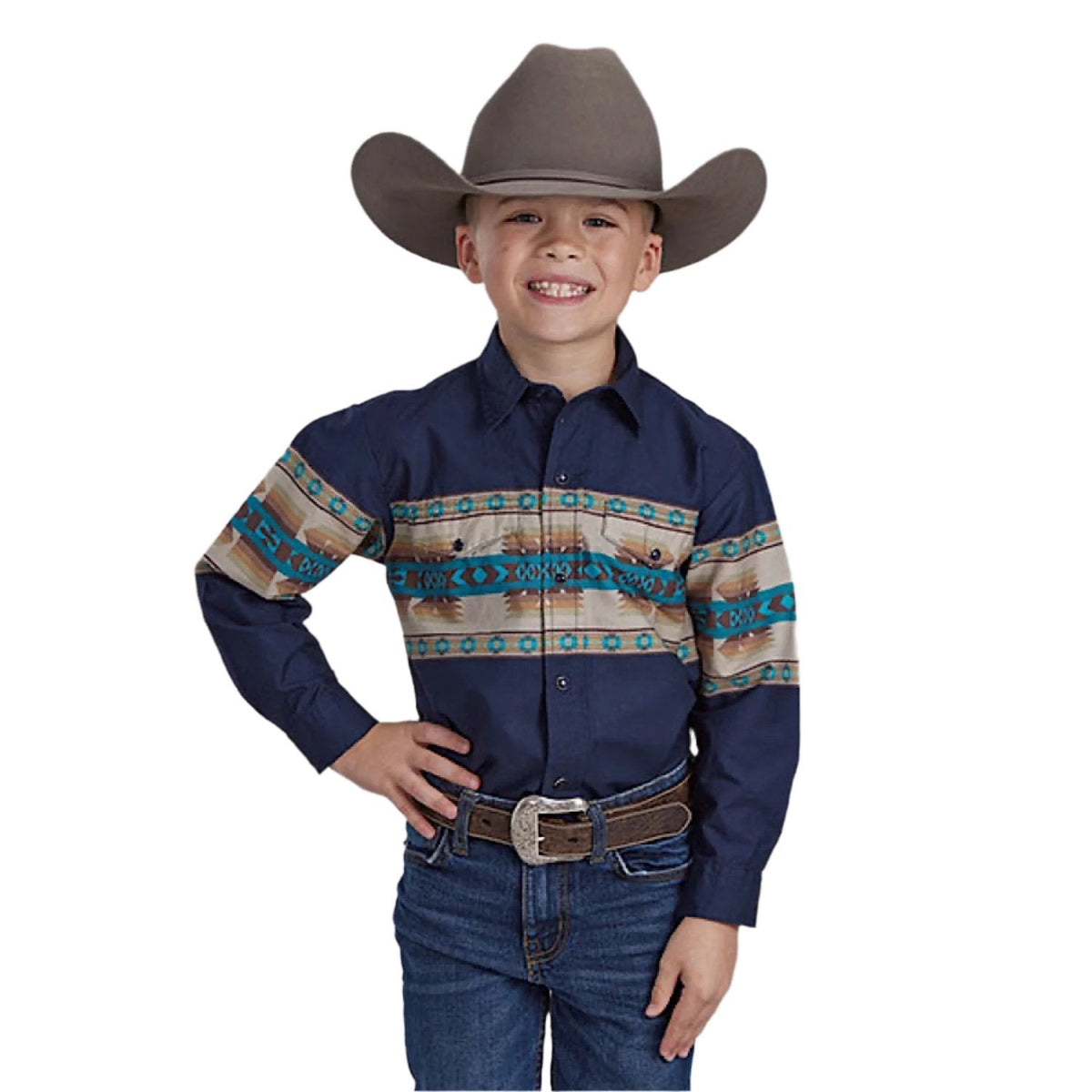 Roper Boy’s Vintage Collection Shirt - Aztec Border Print Blue