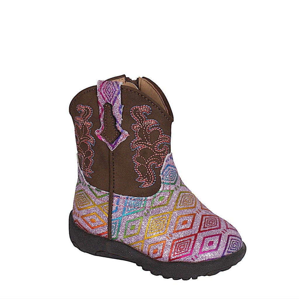 ROPER Stivali Western Glitterati Per Bambina, Punta Quadrata, Colore Blu Azteco Glitter. Tomaia 9 Pollici, Tacco 1/2 Pollice.