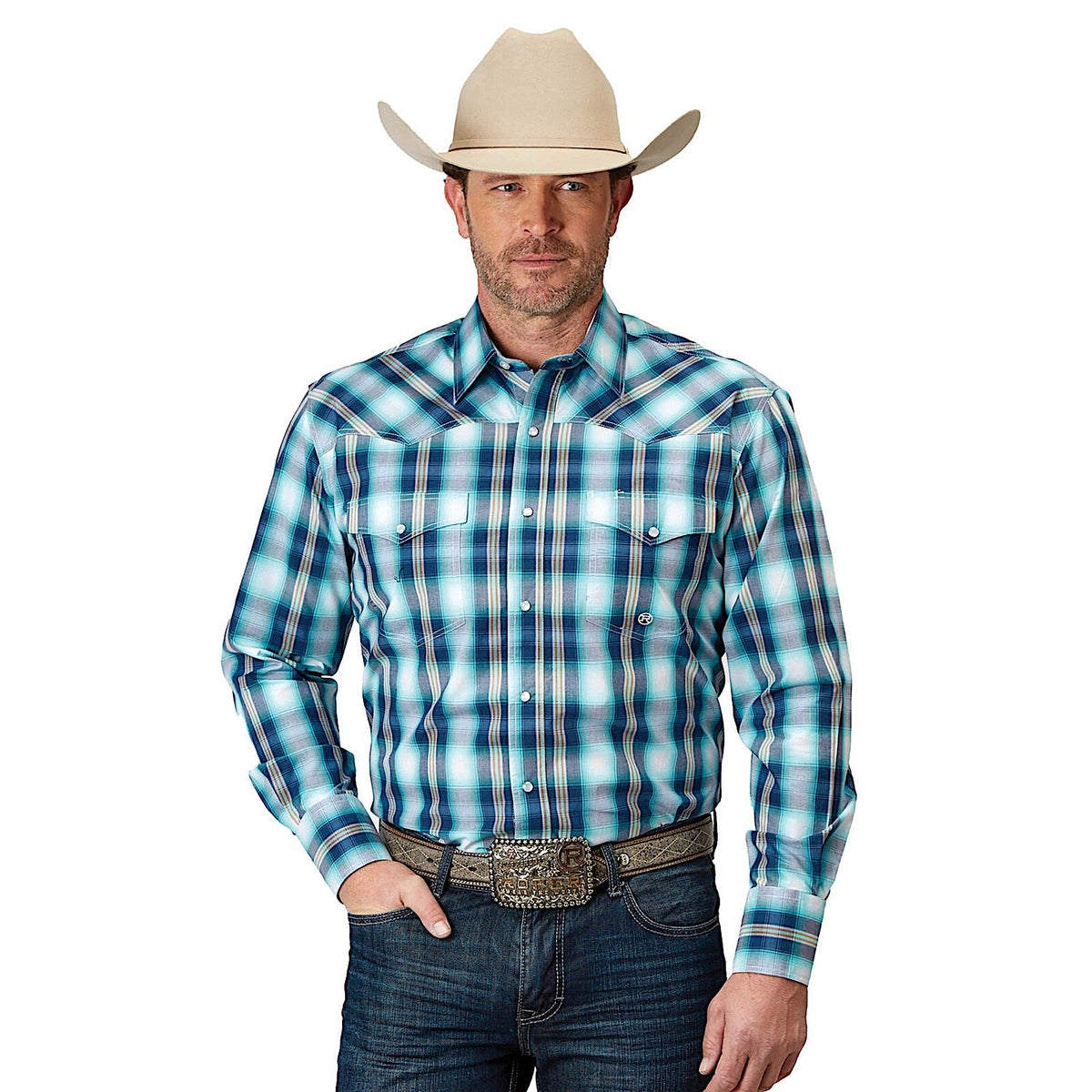 Roper Mens Amarillo Collection L/S Shirt Plaid Blue