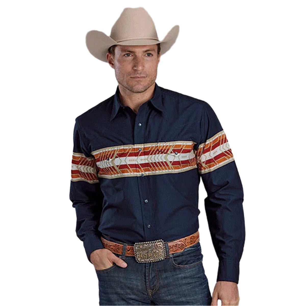 Roper Men’s Aztec Border Print Shirt - Navy Blue