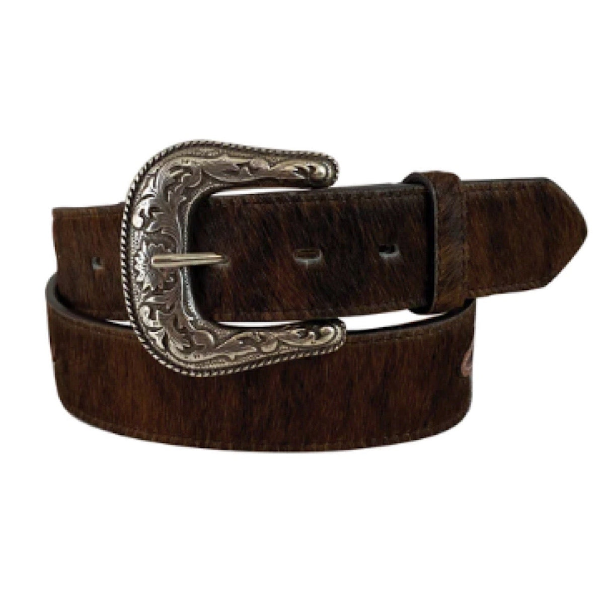 Roper Mens Belt 1.5’’ Floral Hand Tooled Genuine Leather Hair on Brown