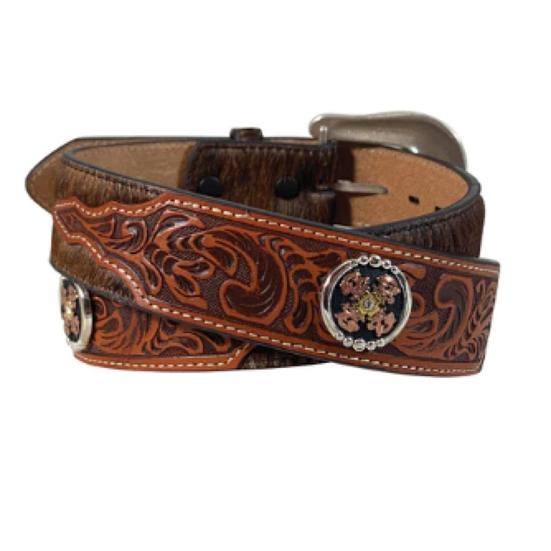 Roper Mens Belt 1.5’’ Floral Hand Tooled Genuine Leather Hair on Brown