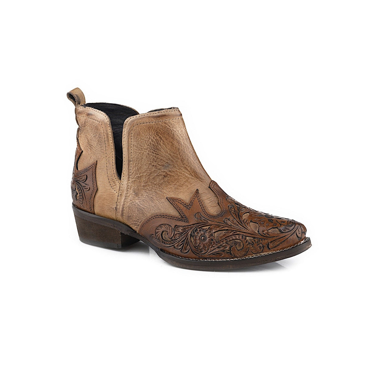 Roper Women’s Addie Boot - Tan Burnished Leather / Tooled Brown Overlay