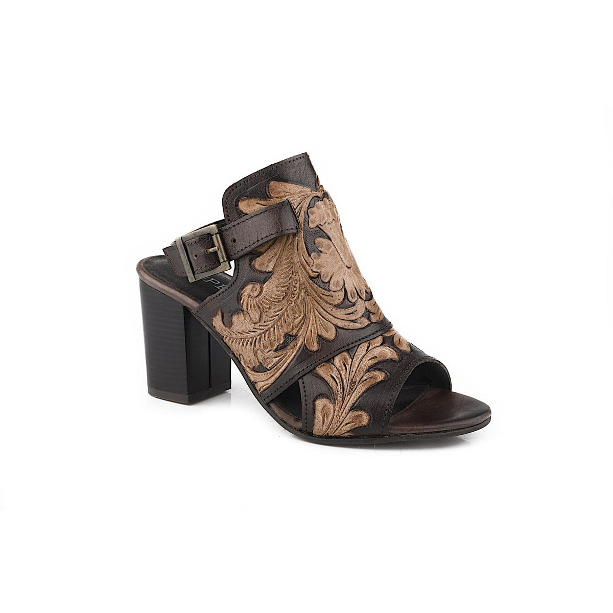 Roper Women’s Mika Back Strap Heel - Brown Tooled Leather