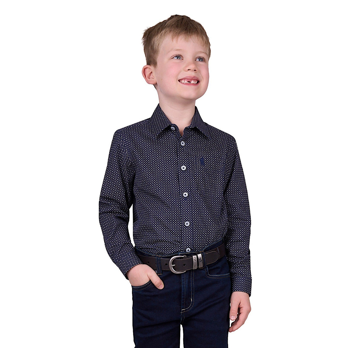 Thomas Cook Boy’s Arlo Print 1-Pocket Long Sleeve Shirt - Navy/Tan