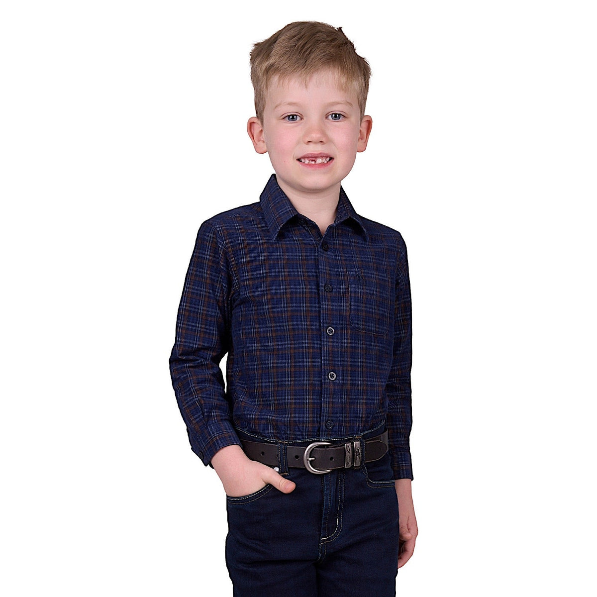 Thomas Cook Boy’s Max Thermal Check 1-Pocket Long Sleeve Shirt - Navy/Tan