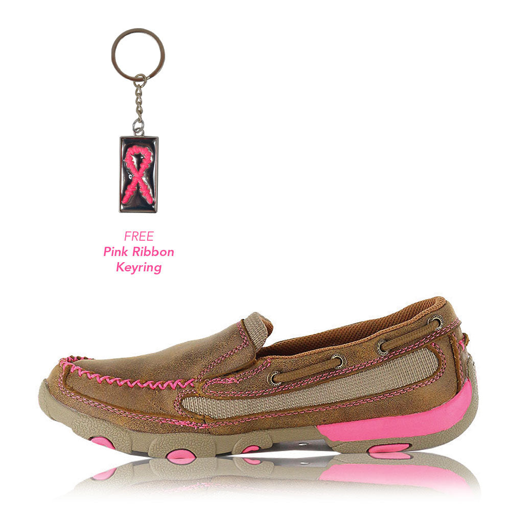 Twisted X Women’s Breast Cancer Awareness Pink Ribbon Slip On Mocs Low Bomber/Neon Pink