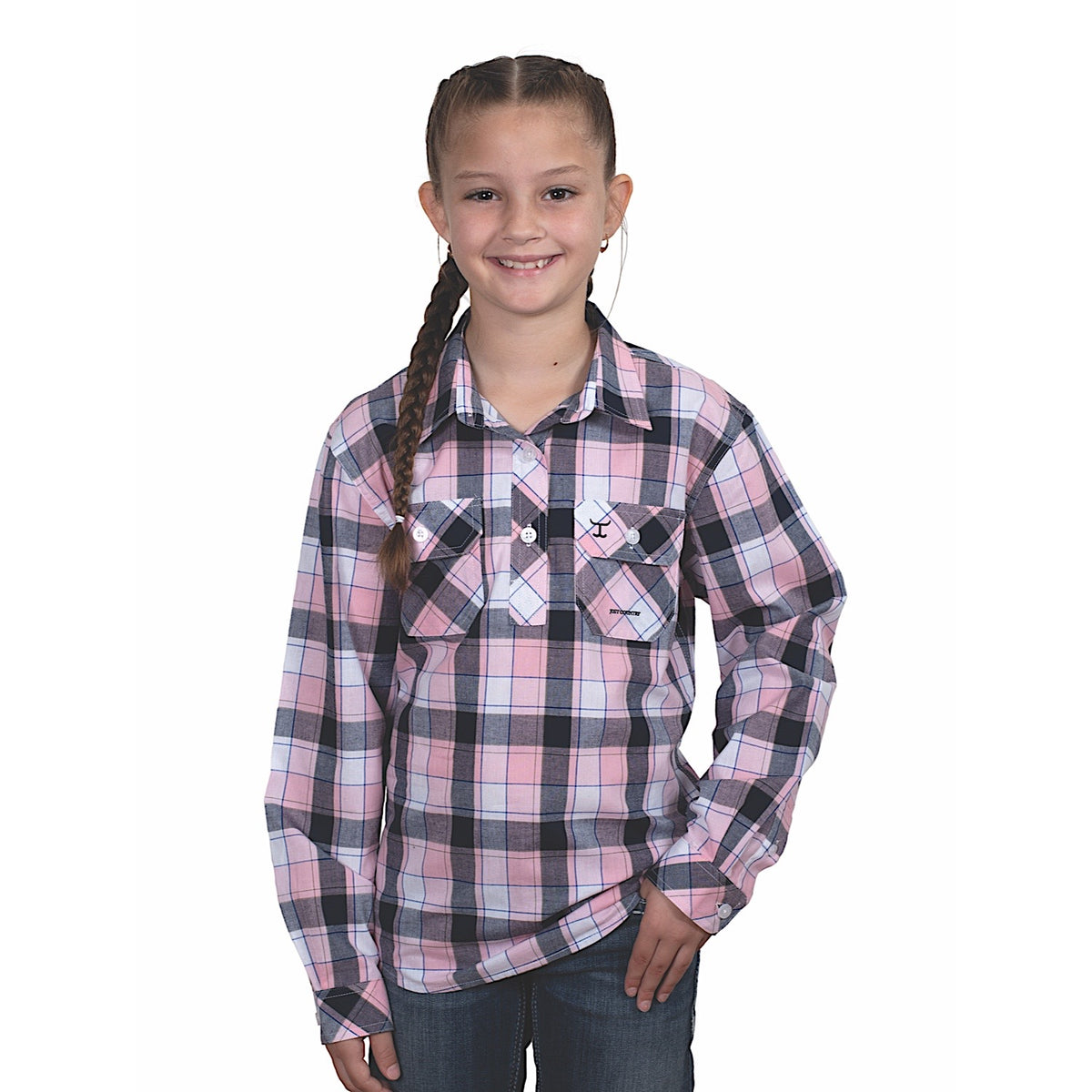 Just Country Girl’s Harper Half Button Print Work Shirt - Light Pink/Navy Plaid