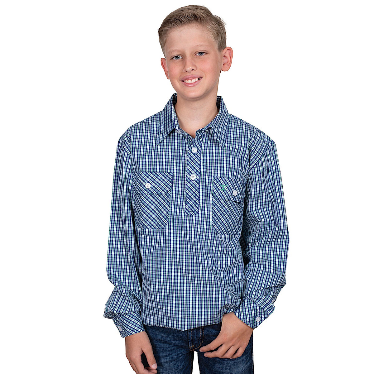 Just Country Boy’s Brayden Half Button Print Workshirt - Navy/Ivy Green Check