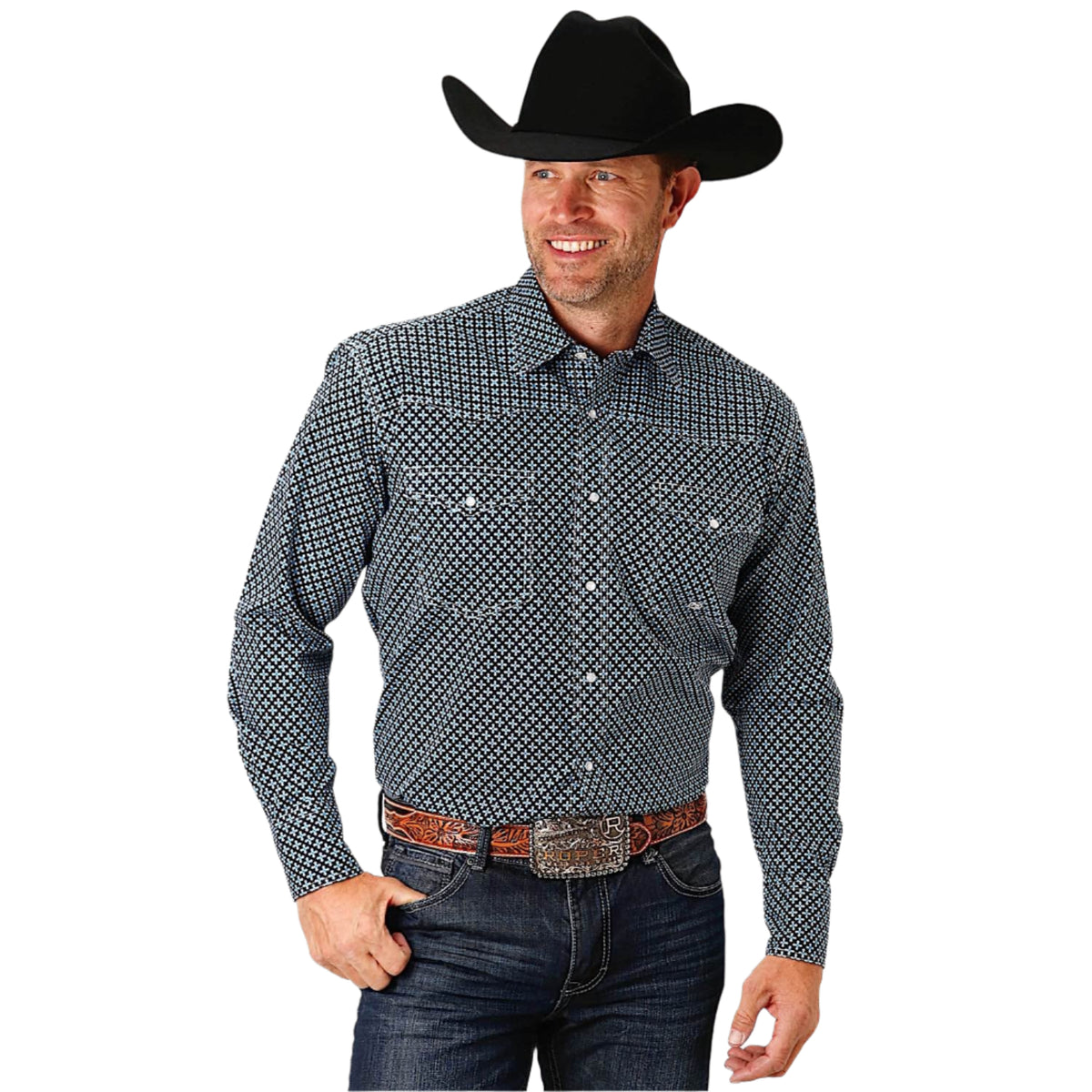 Roper Men’s Amarillo Collection Long Sleeve Shirt - Four Leaf Foulard Print