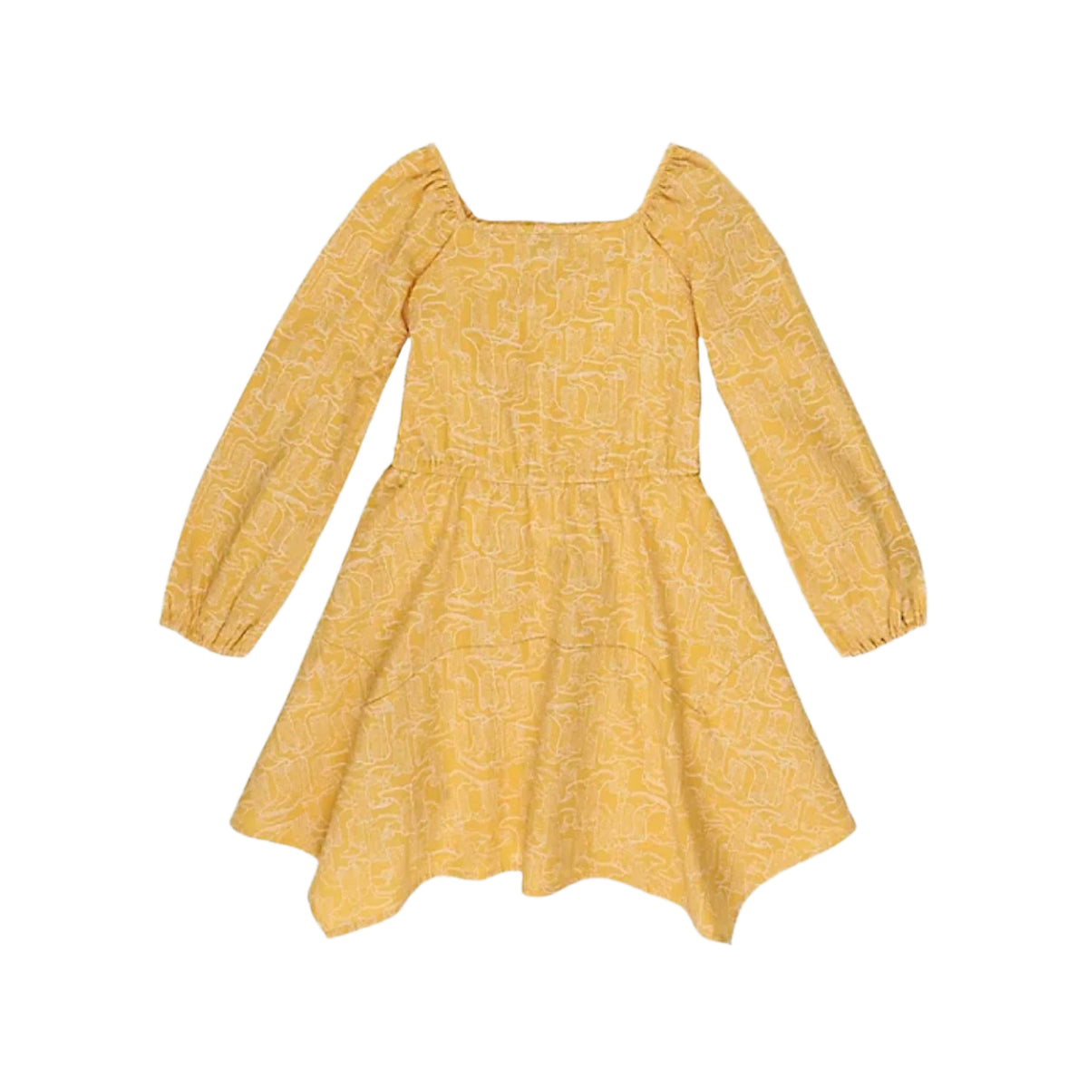 Wrangler Girls Square Neck Boot Print Peasant Dress in Yellow Sunshine